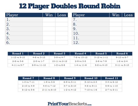 Printable 12 Player Switch Doubles Round Robin Tournament Tennis