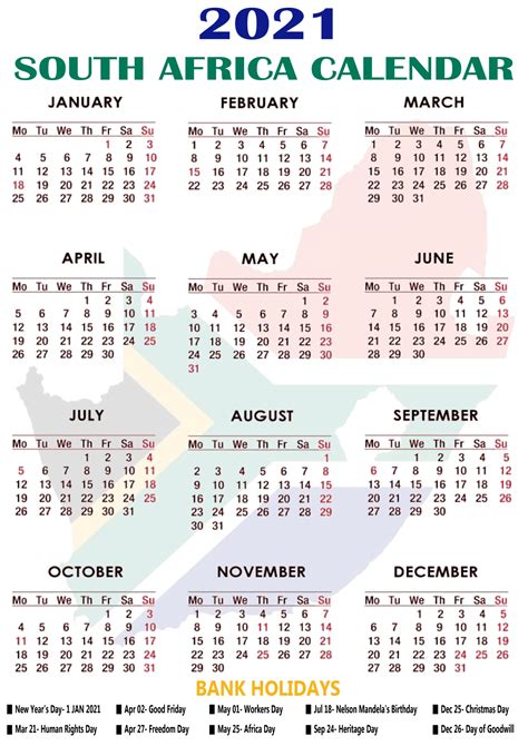 Here is the complete list of the major bank holidays in 2021. South Africa 2021 Calendar with Public, Bank, Office ...
