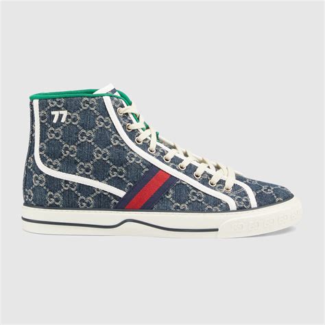 Mens Gucci Tennis 1977 High Top Sneaker In Blue And Ivory Gg Denim