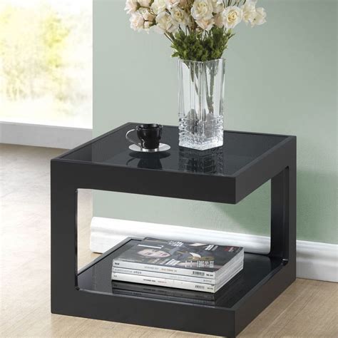 Contemporary End Table Glass Shelves Modern Black Finish Living Room