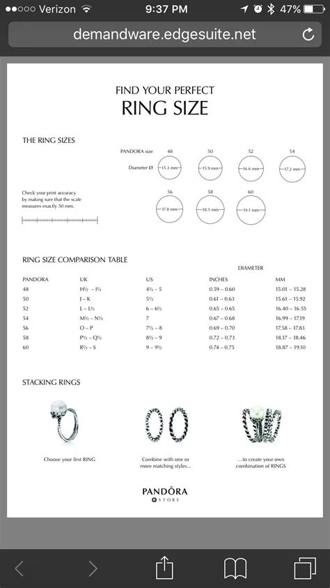 Ring Size Chart Uk Pandora