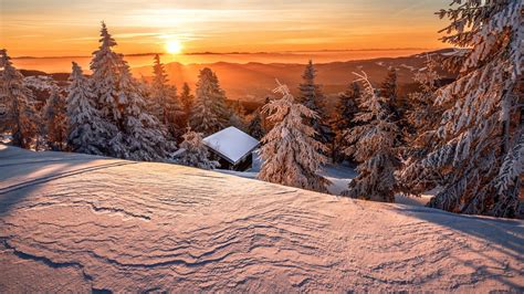 Snow Covered Mountain Trees And House During Sunrise Hd Winter
