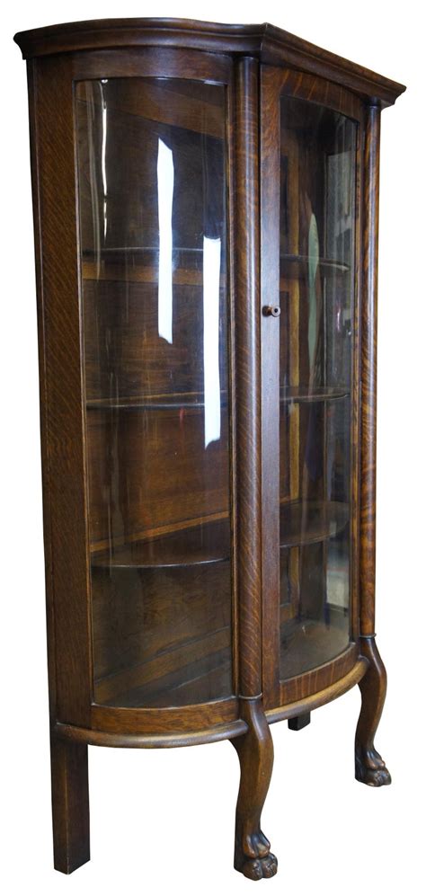 Antique Oak China Cabinet Curio Cupboard Curved Glass Empire Feet