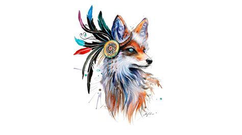 Fox Drawing Feathers Colorful Simple Background Animals Artwork