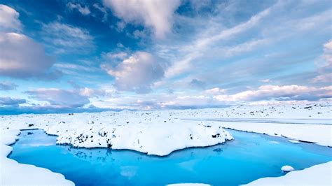 Snow In Water Iceland Clouds Clear Sky 4k Winter Wallpapers Water