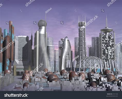 3d Model Of Sci Fi City With Futuristic Skyscrapers And Rusty Towers