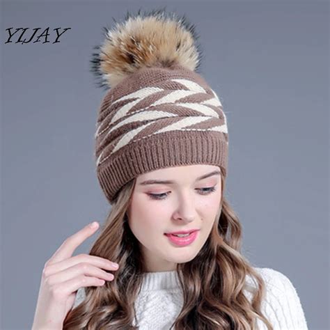Winter Double Deck Rabbit Fur Knitted Winter Hat For Women Real Fur Pom Poms Hats Bonnet Hat
