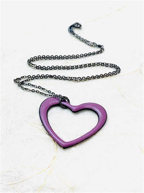 Heart Necklace Purple Enamel Heart Cutout Pendant Necklace Etsy