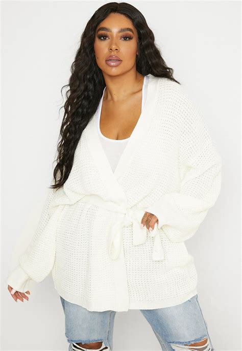 Plus Size White Waffle Belted Balloon Sleeve Cardigan Missguided