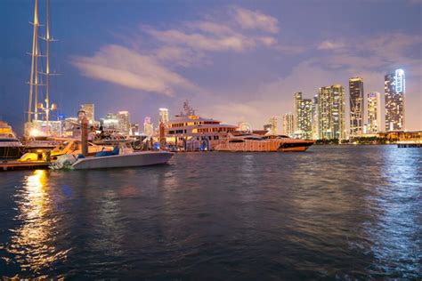 Miami Florida Cityscape Skyline On Biscayne Bay Panorama At Dusk With