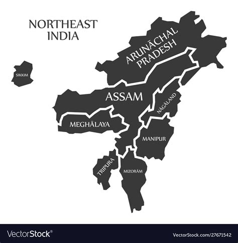 Northeast India Region Map Labelled Black Vector Image