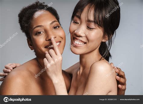 Portrait Two Multinational Half Naked Women Posing Together Making Fun