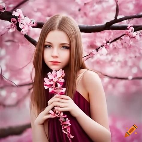 Girl Standing Near A Cherry Blossom Tree On Craiyon