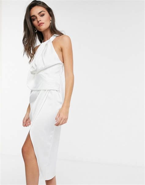 Asos Design Satin Halter Neck Midi Dress With Drape Bodice White