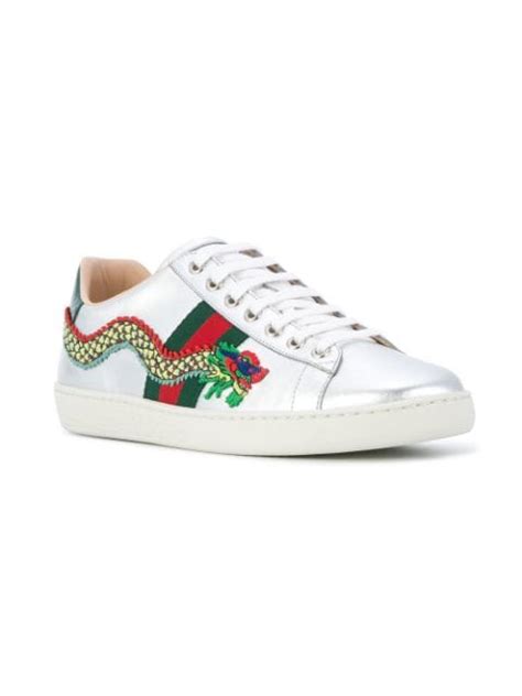 Gucci New Ace Dragon Embellished Leather Trainers White Modesens