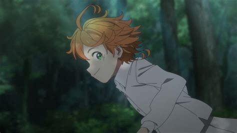 An Anime Character With Red Hair And Green Eyes In The Woods Looking Up