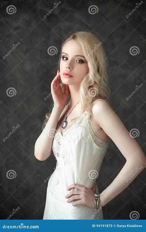 Beautiful Lady In Elegant White Lingerie Wearing Wedding Veil Portrait Of Fashion Model Girl