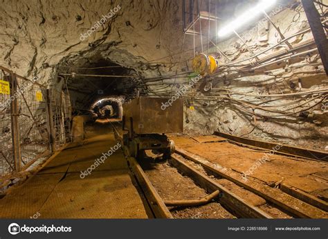 Underground Gold Mine Shaft Tunnel Drift Rails Light Mining Cart Stock