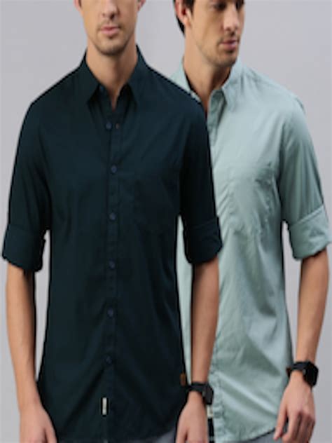 Buy Roadster Pack Of 2 Men Teal And Blue Regular Fit Solid Casual Shirt