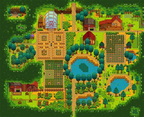 This unique map has a pond in the center, the farm surrounding the pond, and then the forest on the boundaries. Noministnow: Hilltop Stardew Valley Mountain Farm Layout