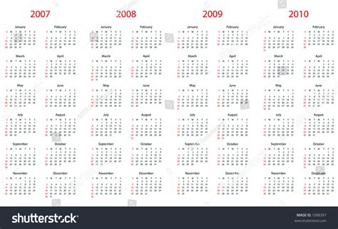 Calendar For 2007 2008 2009 And 2010 Fully Editable As Vectors And