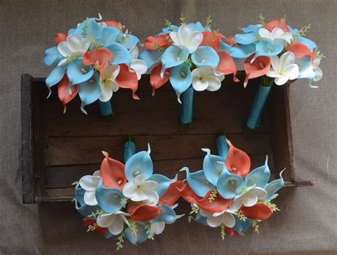 5 Coral Turquoise Bridesmaids Bouquets Real Touch Flowers Etsy