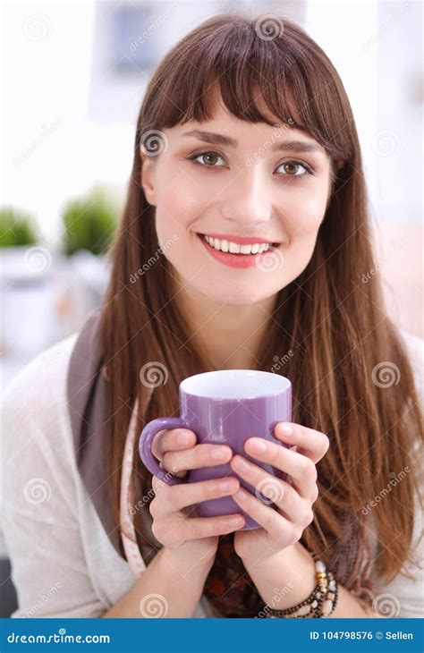 Portrait Of Young Woman With Cup Tea Or Coffee Stock Photo Image Of