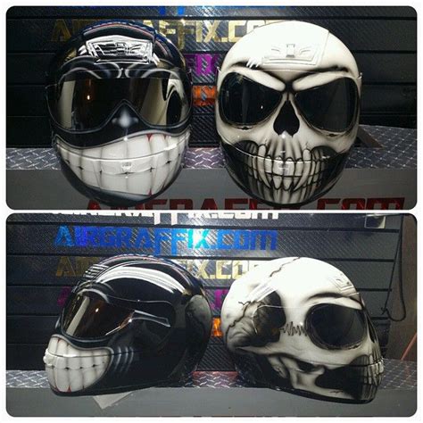 Two Pictures Of Helmets With Skulls On Them