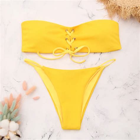 2018 New Wrap Bikini Set Bandage Yellow Color Swimsuit Bathing Suit