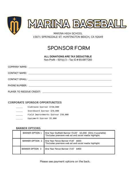 Marina Baseball Page Sponsorship Program