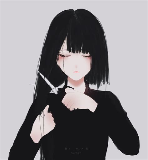 Safebooru 1girl Absurdres Aoi Ogata Style Arms Up Artist Name Bangs Black Hair Black Shirt