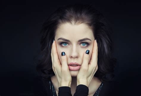 Women Hand Face Blue Eyes Painted Nails Pierced Nose Portrait Black