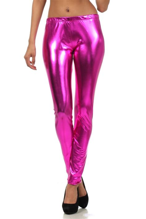 sakkas footless liquid wet look shiny metallic stretch leggings color pink vinyl leggings
