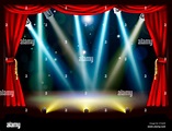Rampenlicht Theaterbühne mit farbigen Strahlern und rote Bühne Vorhang ...