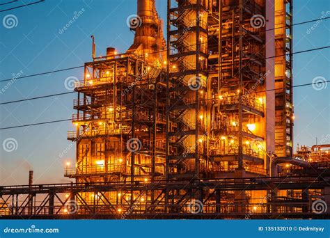 Industrial Oil Petrochemical Refinery Factory Or Plant With Pipes And