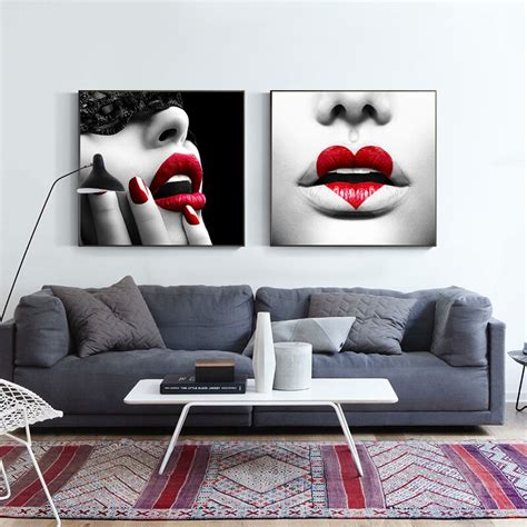 Nordic Canvas Painting Black White Modern Sexy Red Lips Heart Posters My Xxx Hot Girl