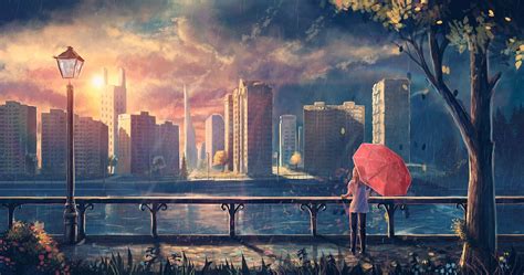 anime girl cityscape umbrella trees wallpaper hd anime wallpapers 4k wallpapers images