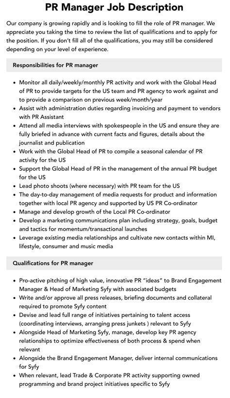 Pr Manager Job Description Velvet Jobs