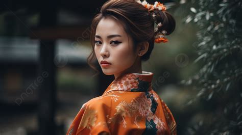 Beautiful Japanese Woman In Orange Kimono Background A Cute Woman In A