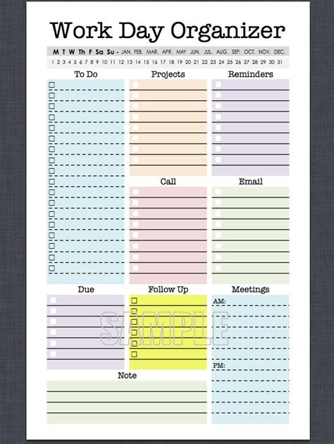 Mini Work Organizer Half Letter Size Printable Planner Page Fillable