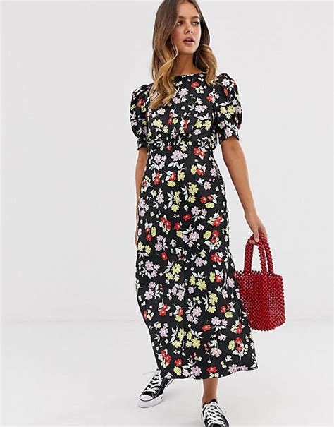 Asos Design Midi Tea Dress In Bright Grunge Floral Print Asos