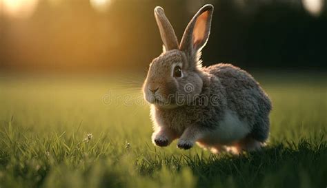 Cute Little Rabbits Running On Grass Field Yard In The Morning With