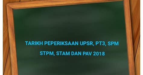Stam (sijil tinggi agama malaysia), spmu (sijil pelajaran malaysia ulangan), pav (pendidikan asas vokasional), upsr (ujian pencapaian sekolah. Tarikh Peperiksaan UPSR, PT3, SPM, STPM, STAM dan PAV 2019 ...