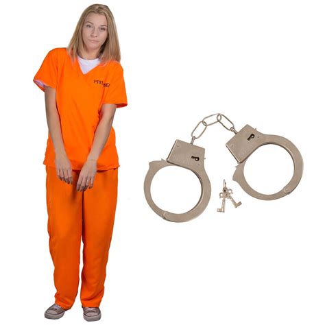 orange prisoner ladies convict costume handcuffs fancy dress inmate scrubs ebay