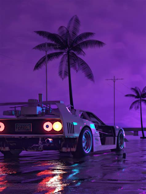 480x640 Retro Wave Sunset And Running Car 480x640 Resolution Wallpaper