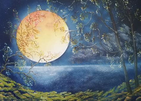 Full Moon Oil Painting Landscape Etsy