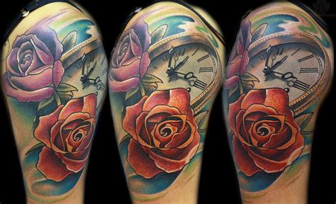 A tattoo on the sleeve is a large tattoo or a collection of various small tattoos that are mostly themed so that they are a definite complement to each tattoo and cover half or even the entire arm of a person. Clock Skull And Rose Tattoos On Half Sleeve » Tattoo Ideas