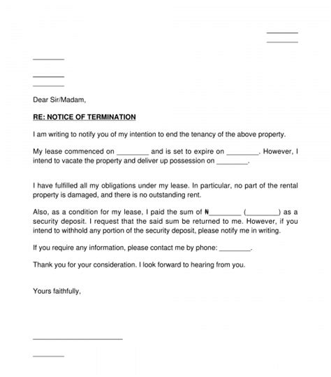 A lease termination letter is a form that is sent by a landlord to a tenant when they have decided to end a tenancy at will in accordance with the respective state laws. Tenant's Notice to Terminate Tenancy - Sample Template