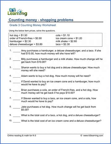 Check spelling or type a new query. Grade 3 math worksheet - Counting money: shopping problems | K5 Learning