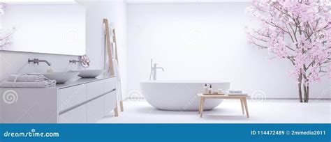New Modern Zen Bathroom With White Wall 3d Rendering Stock Image